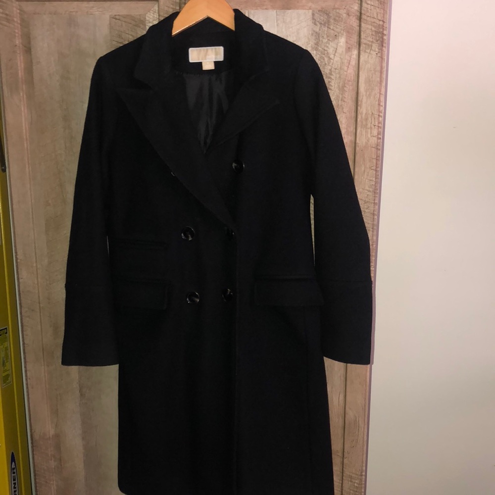 Michaels Kors long black wool button up coat size small